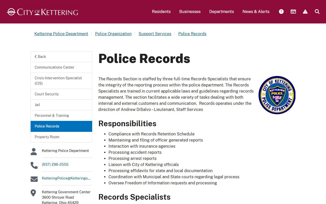 Kettering Police records page for recent arrests