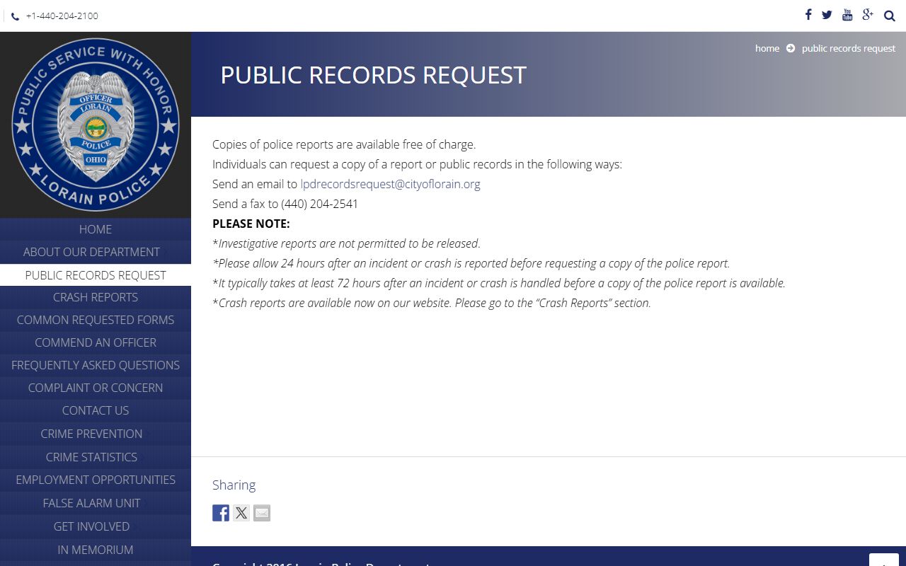 Lorain Police public records request page for recent arrests