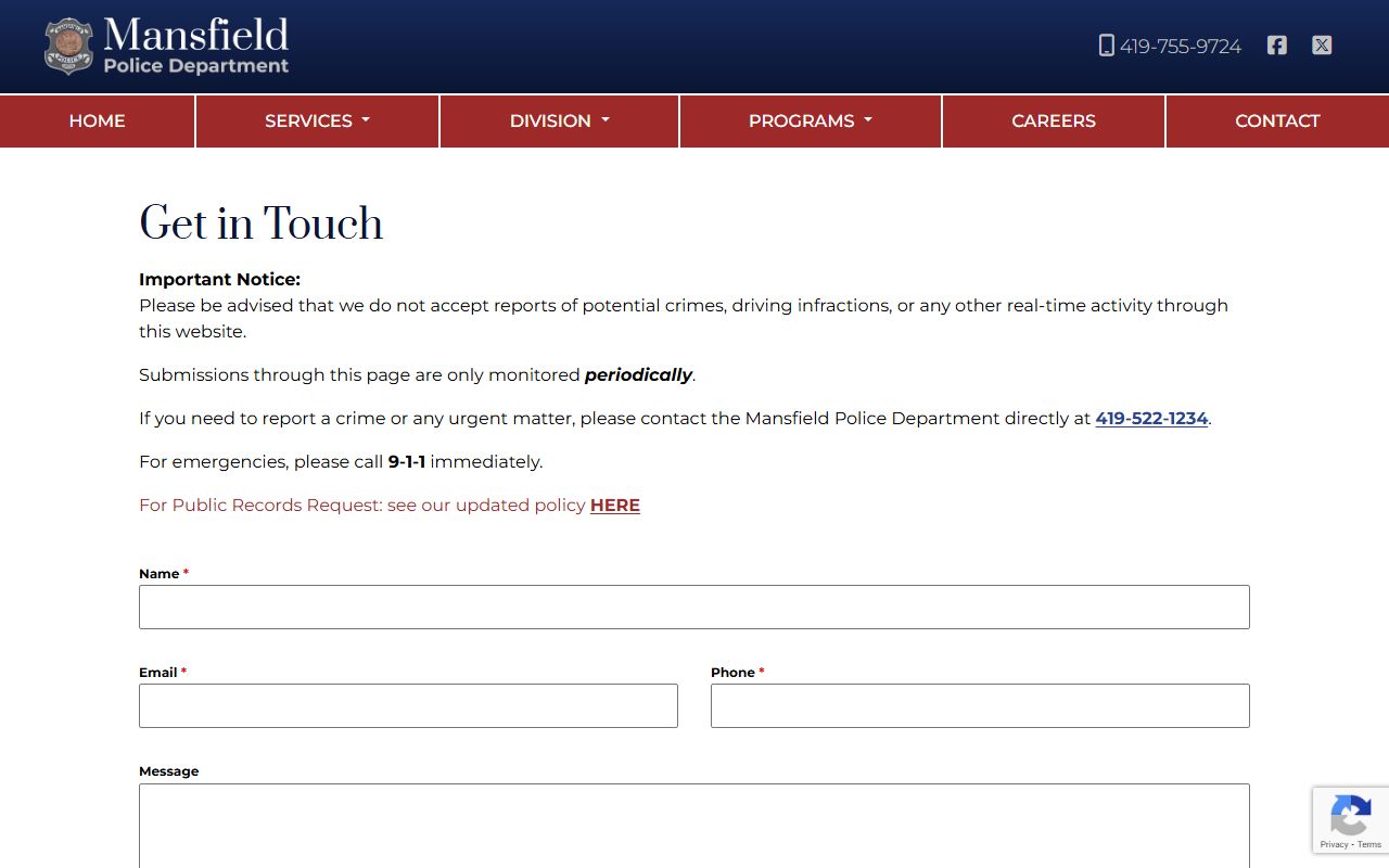 Mansfield recent arrests police department contact page