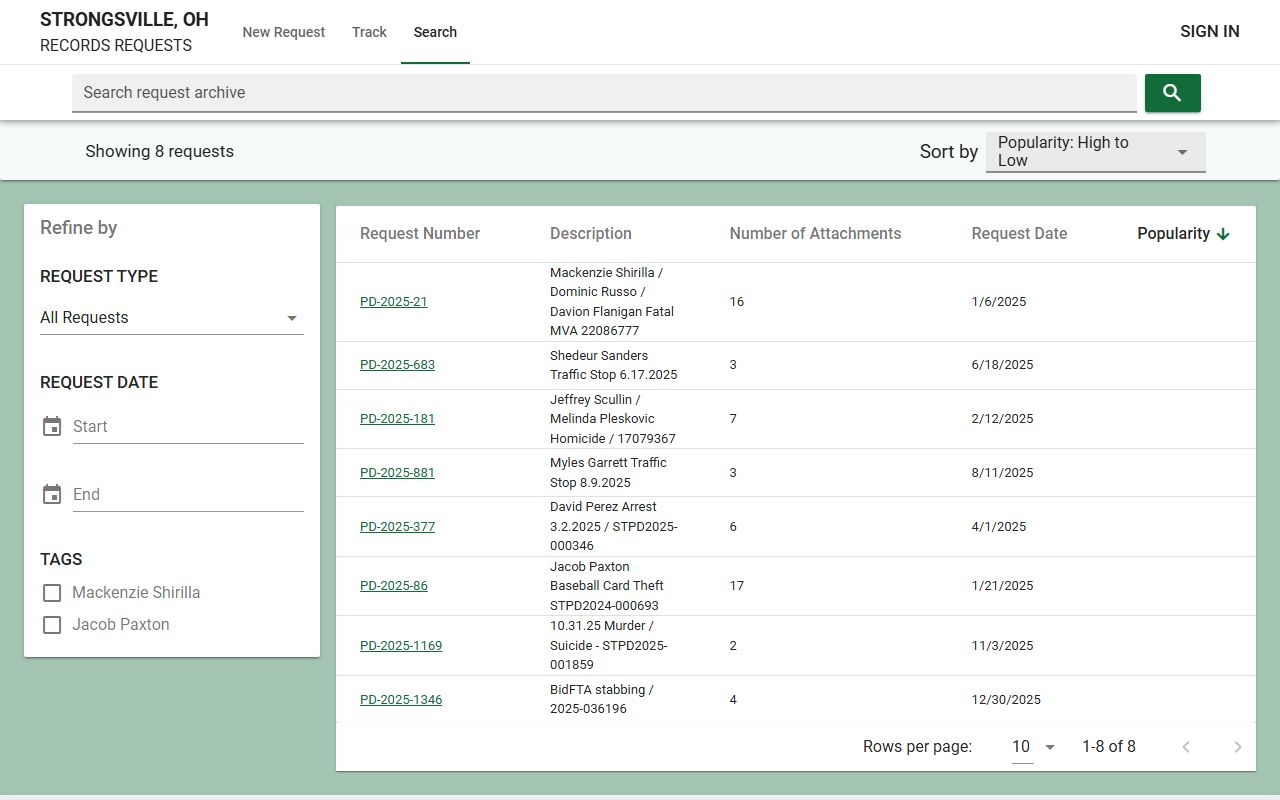 Strongsville records portal for recent arrests requests