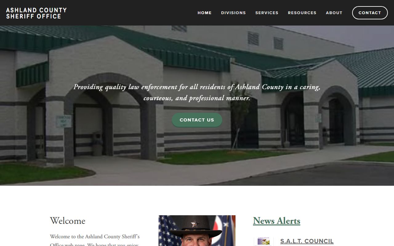 Ashland County Sheriff's Office website showing recent arrests access