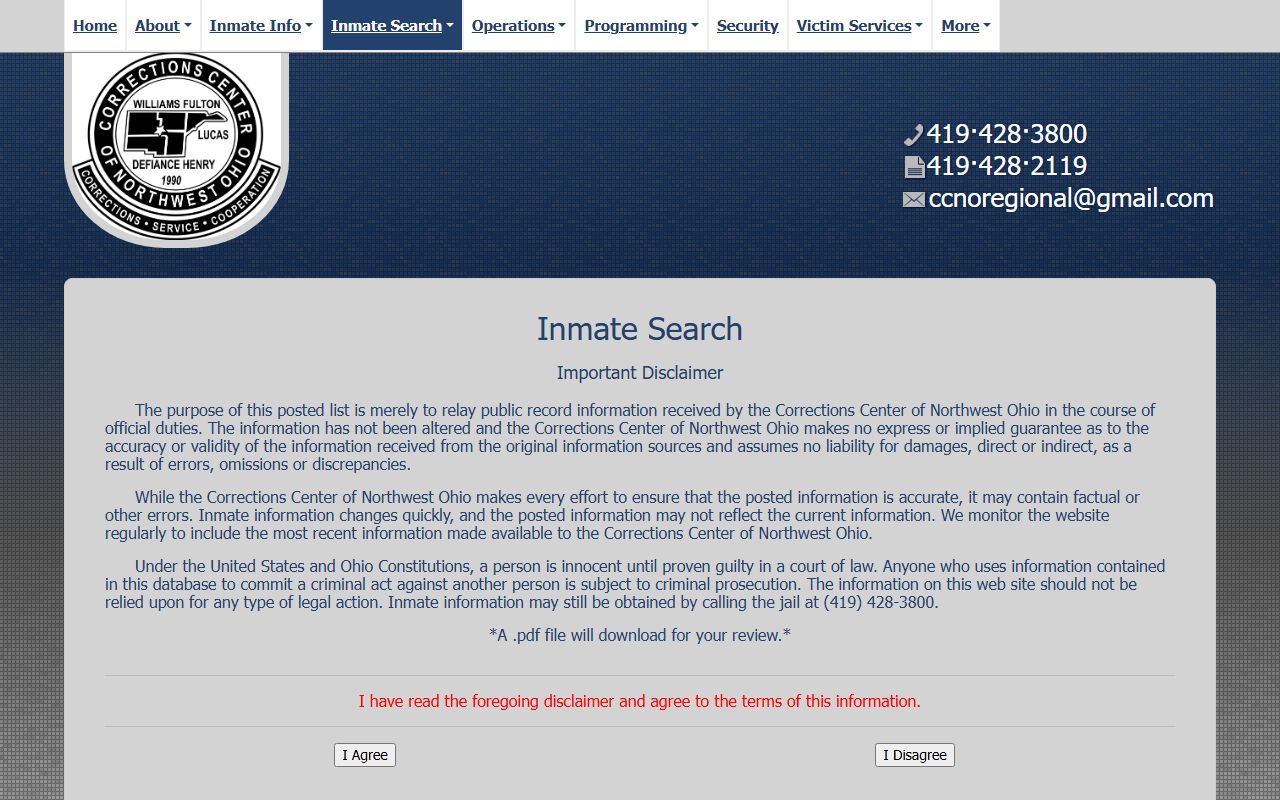 CCNO regional jail inmate search for Defiance County recent arrests