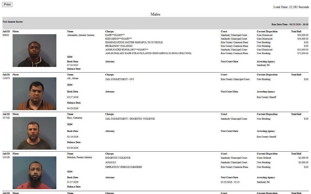 Erie County jail roster listing recent arrests