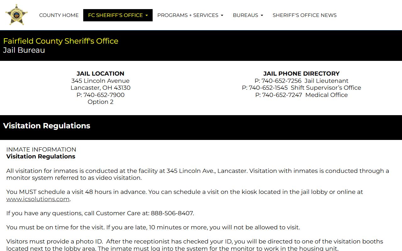 Fairfield County Jail Bureau page showing recent arrests information