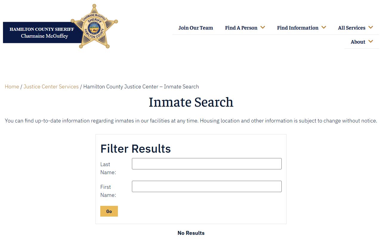 Hamilton County inmate search page for recent arrests