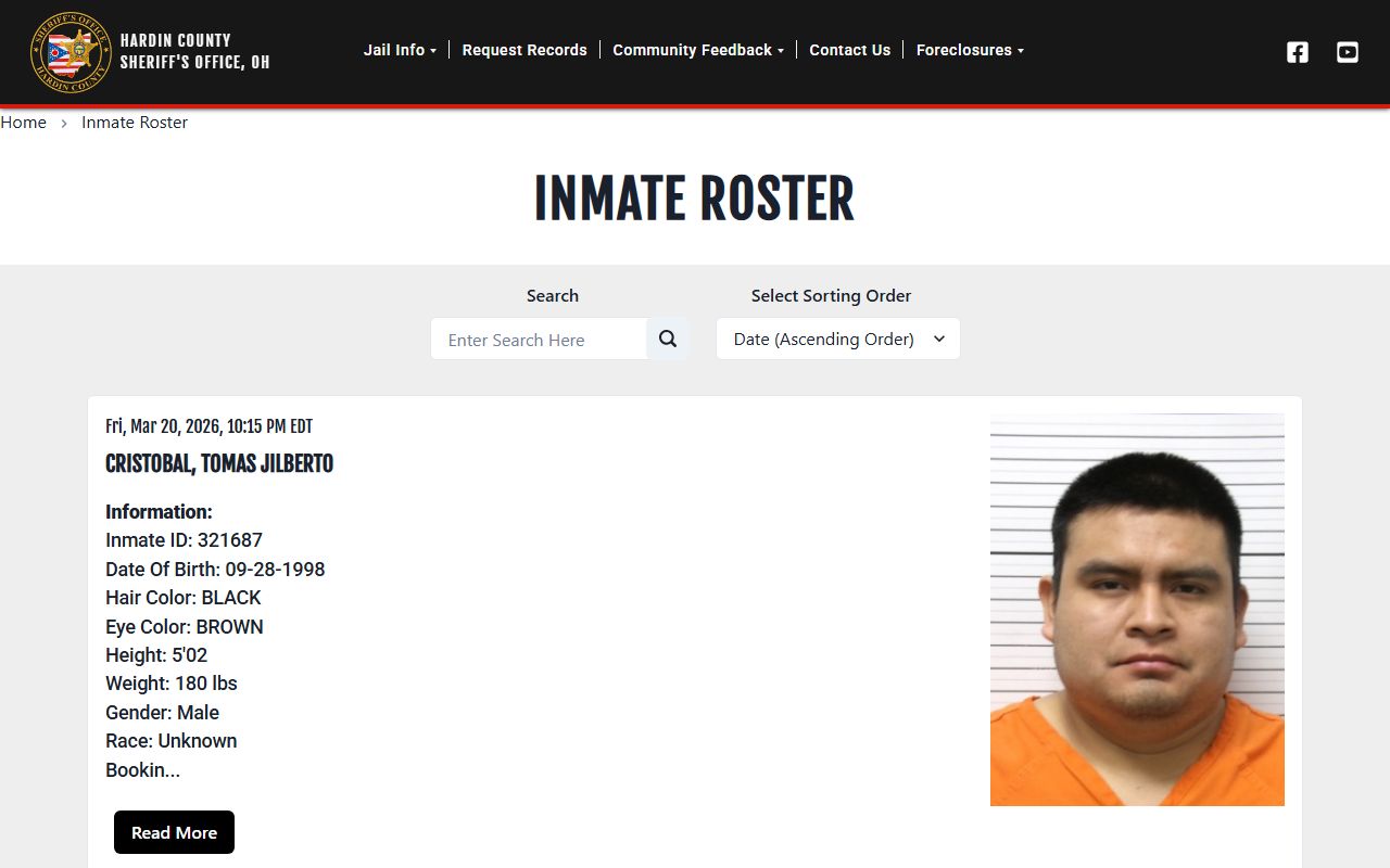Hardin County inmate roster page for recent arrests