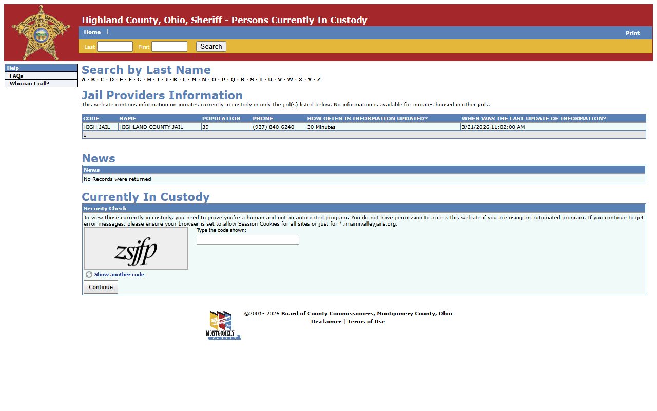 Highland County jail roster through Miami Valley Jails system