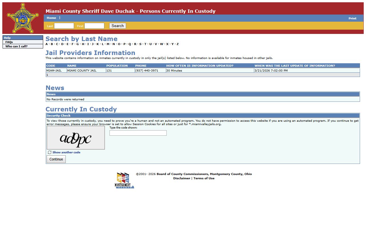 Miami County jail inmate search through Miami Valley Jails