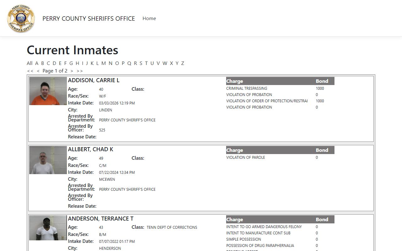 Perry County ISOMS jail portal showing recent arrests and inmate data
