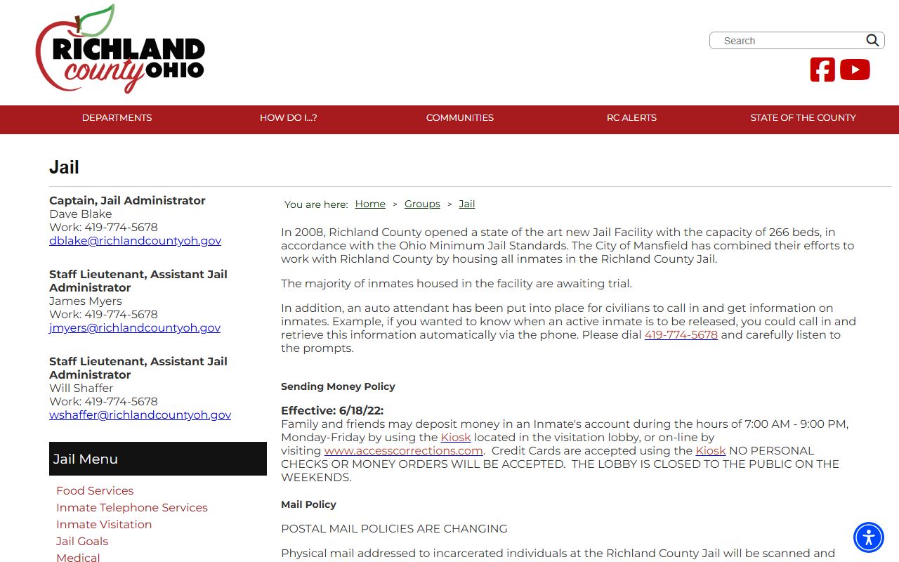 Richland County jail roster page for recent arrests in Mansfield Ohio