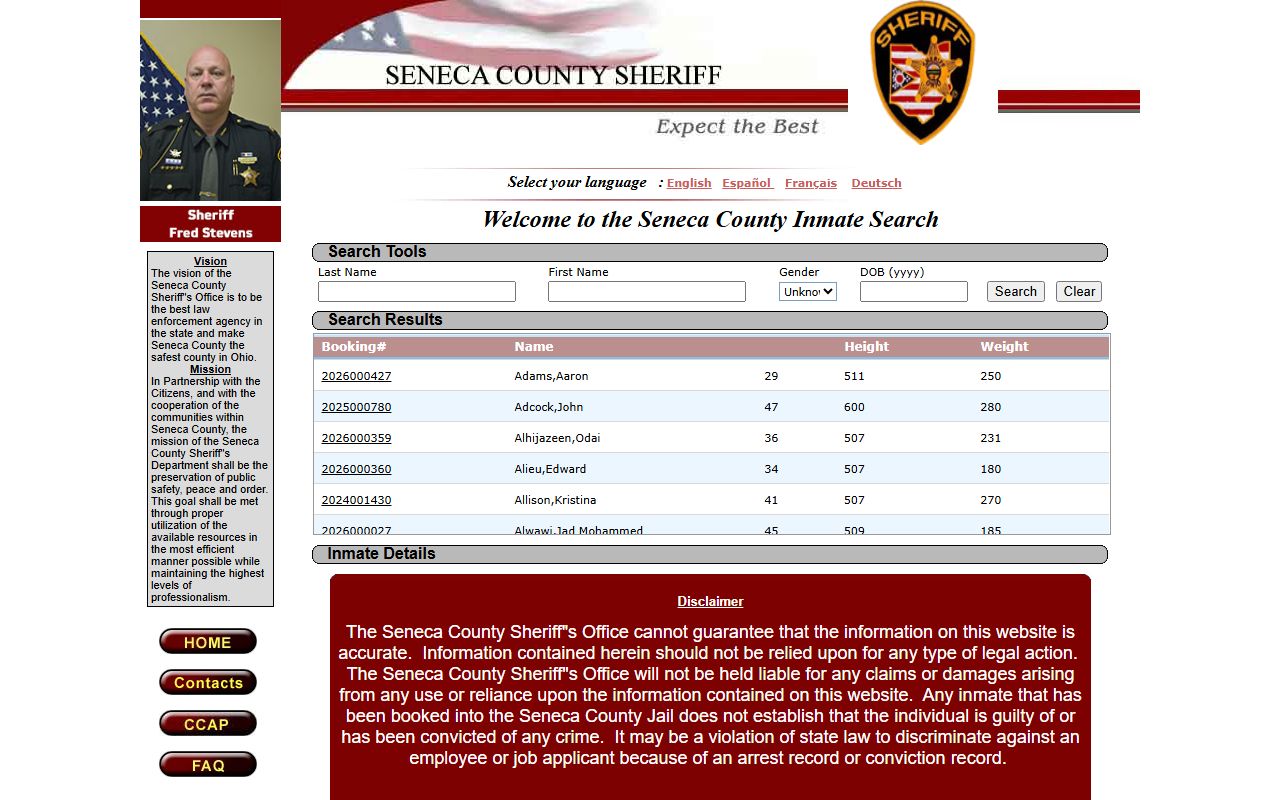 Seneca County inmate locator system for recent arrests in Tiffin Ohio