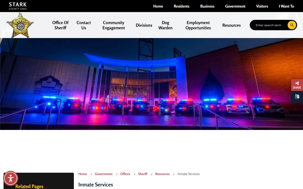 Stark County inmate services page for arrest and jail information